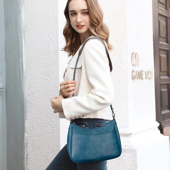 Women's Peacock Blue Imported Leather Crossbody With Adjustable Strap Handbag - Picture 2 of 6